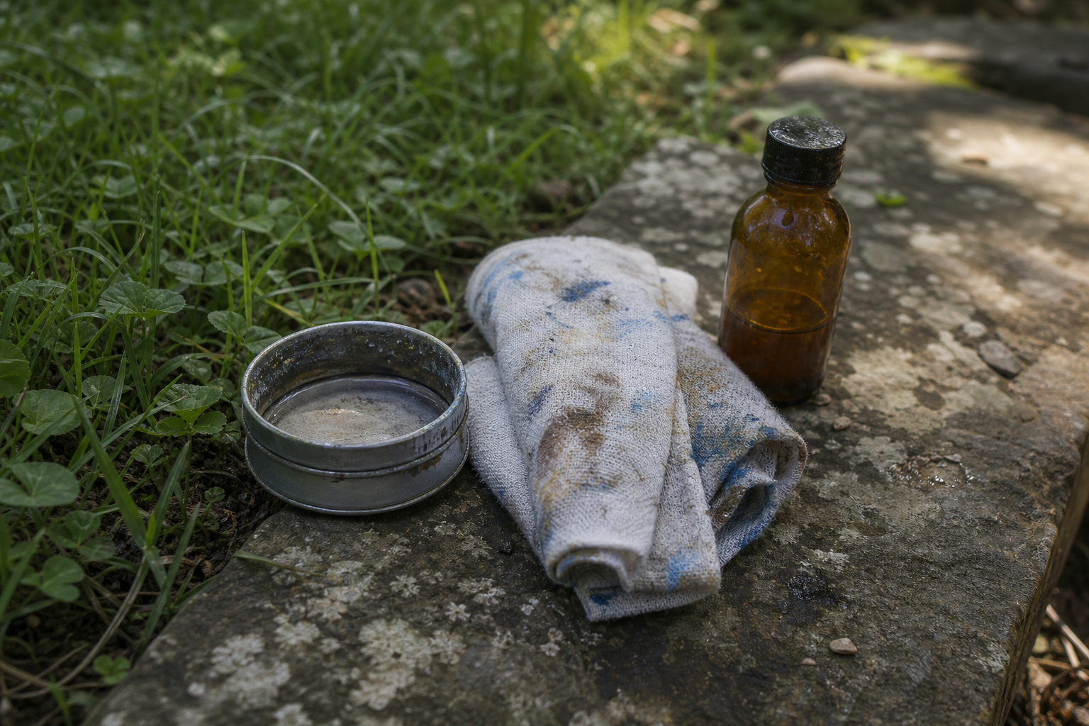 Compact brush washer, folded rag, and small solvent bottle on a grass and stone outdoor surface