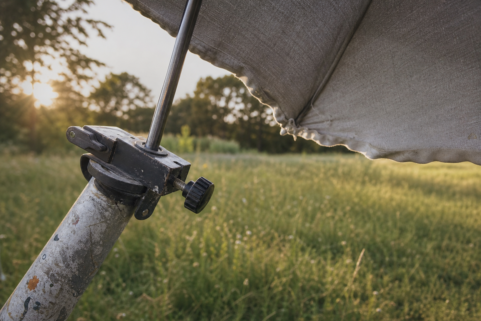 A grey-canopied umbrella clamped to a tripod leg in a sunny outdoor setting