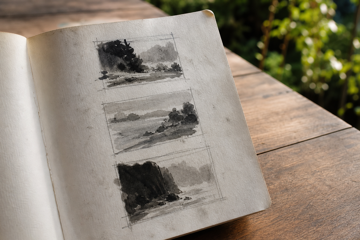 Small sketchbook page showing three tonal thumbnail rectangles in grey and black ink