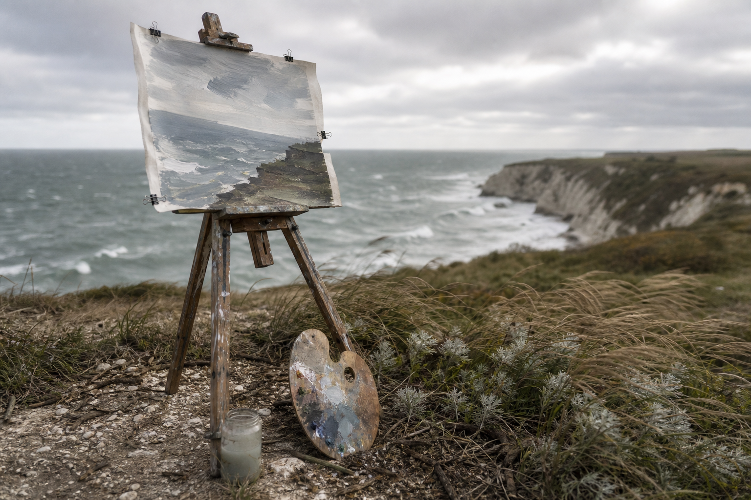 A wooden tripod easel standing on a windswept coastal clifftop, sea in background.