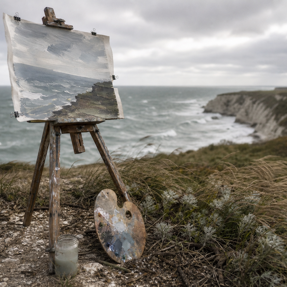 A wooden tripod easel standing on a windswept coastal clifftop, sea in background.
