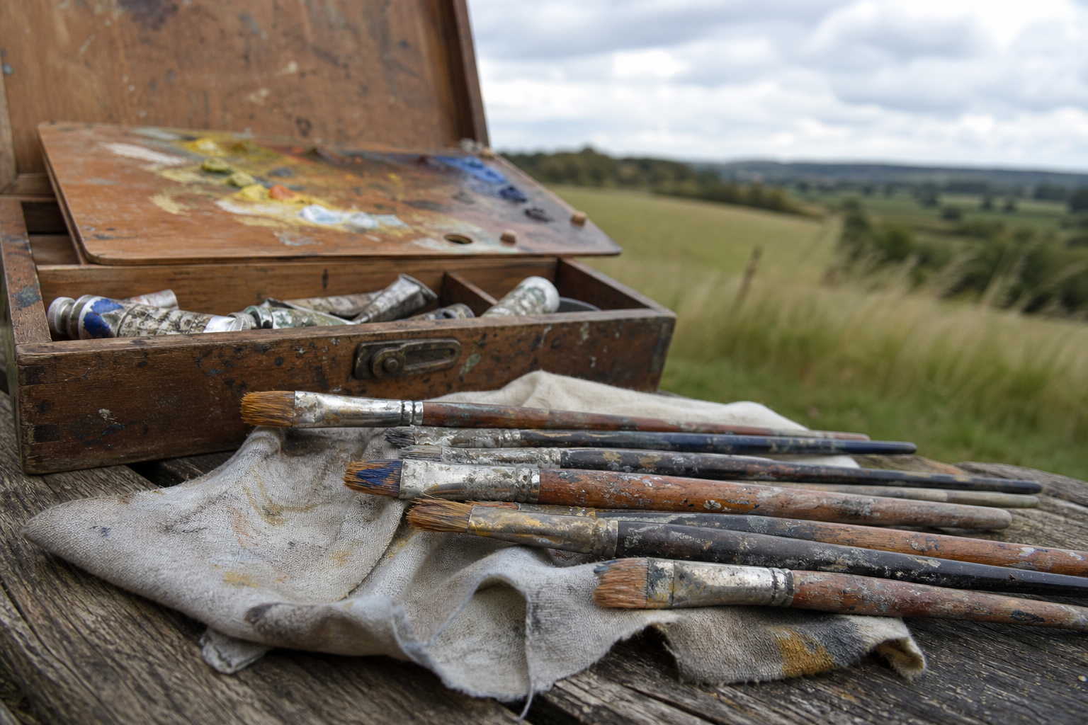 A small selection of oil painting brushes on a landscape