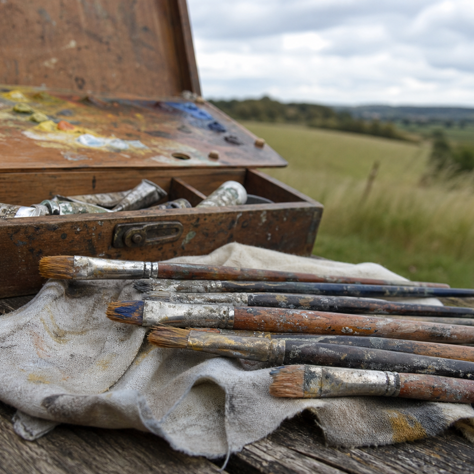 A small selection of oil painting brushes on a landscape