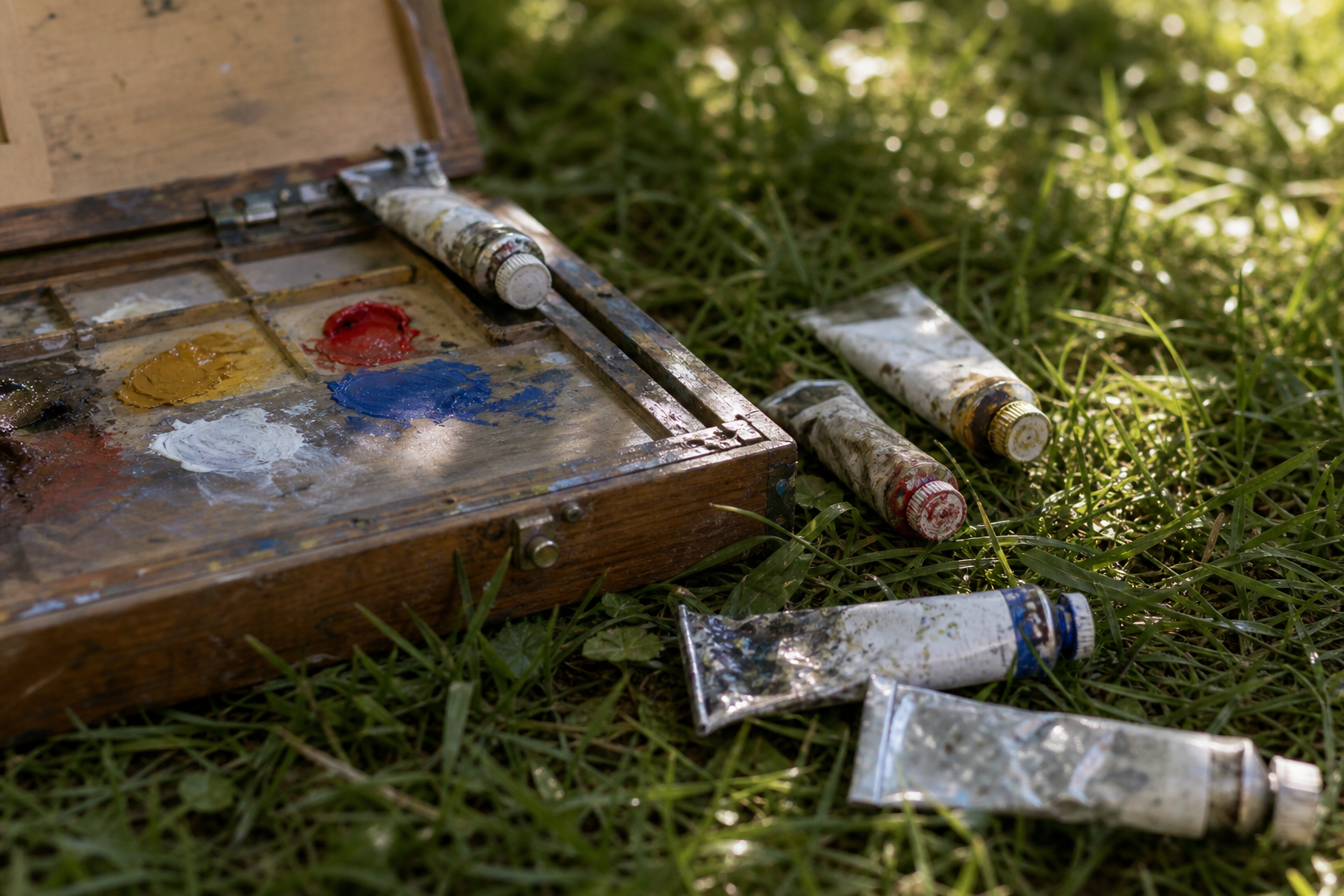A small wooden pochade palette with five paint tubes arranged on outdoor grass