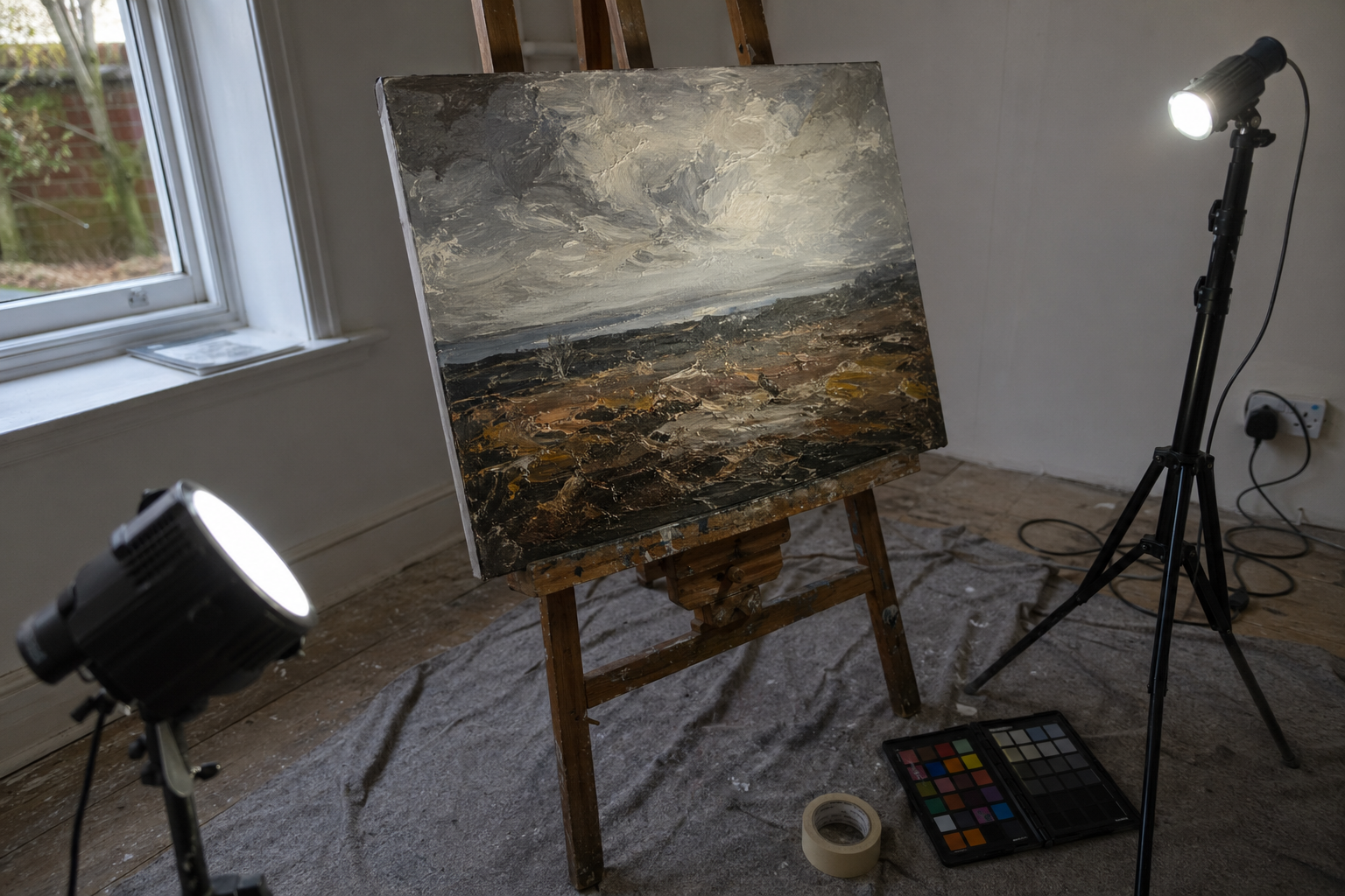 Two daylight lamps positioned at 45-degree angles either side of a canvas