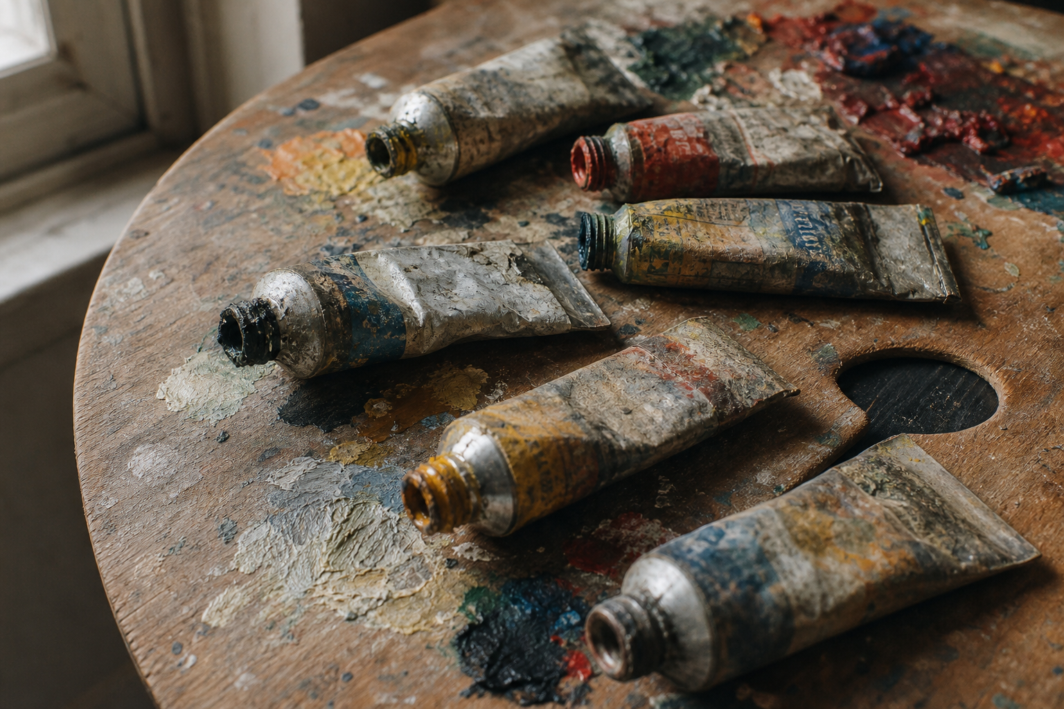 Weathered metal paint tubes arranged on a worn wooden palette, paint smears visible