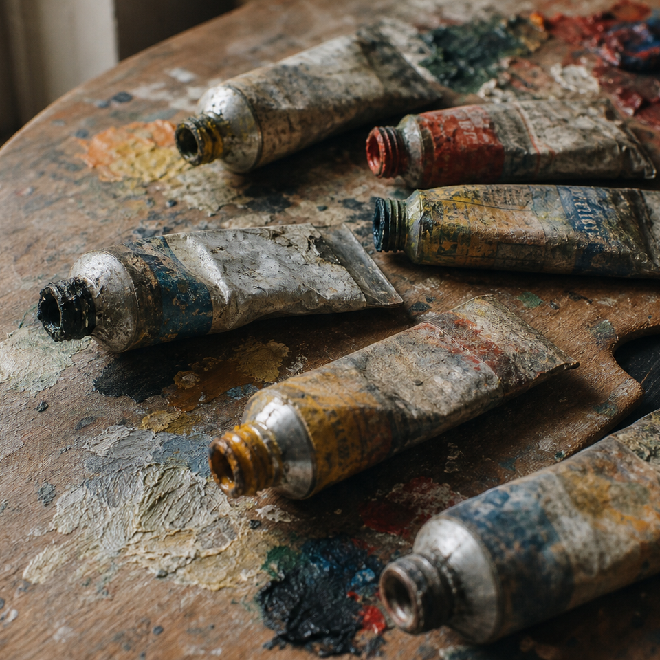 Weathered metal paint tubes arranged on a worn wooden palette, paint smears visible