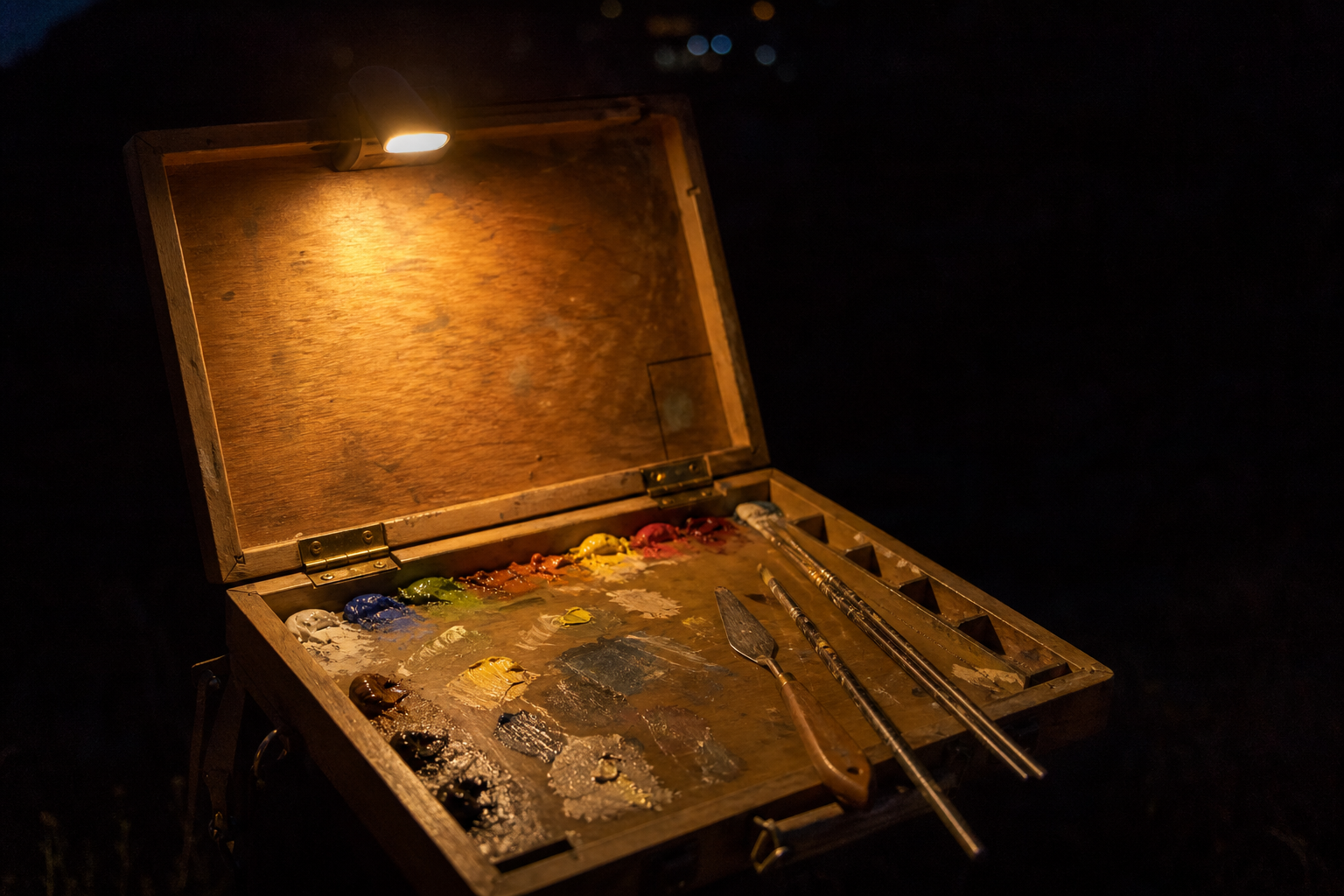 Wooden pochade box palette illuminated by a warm clip-on LED light in darkness