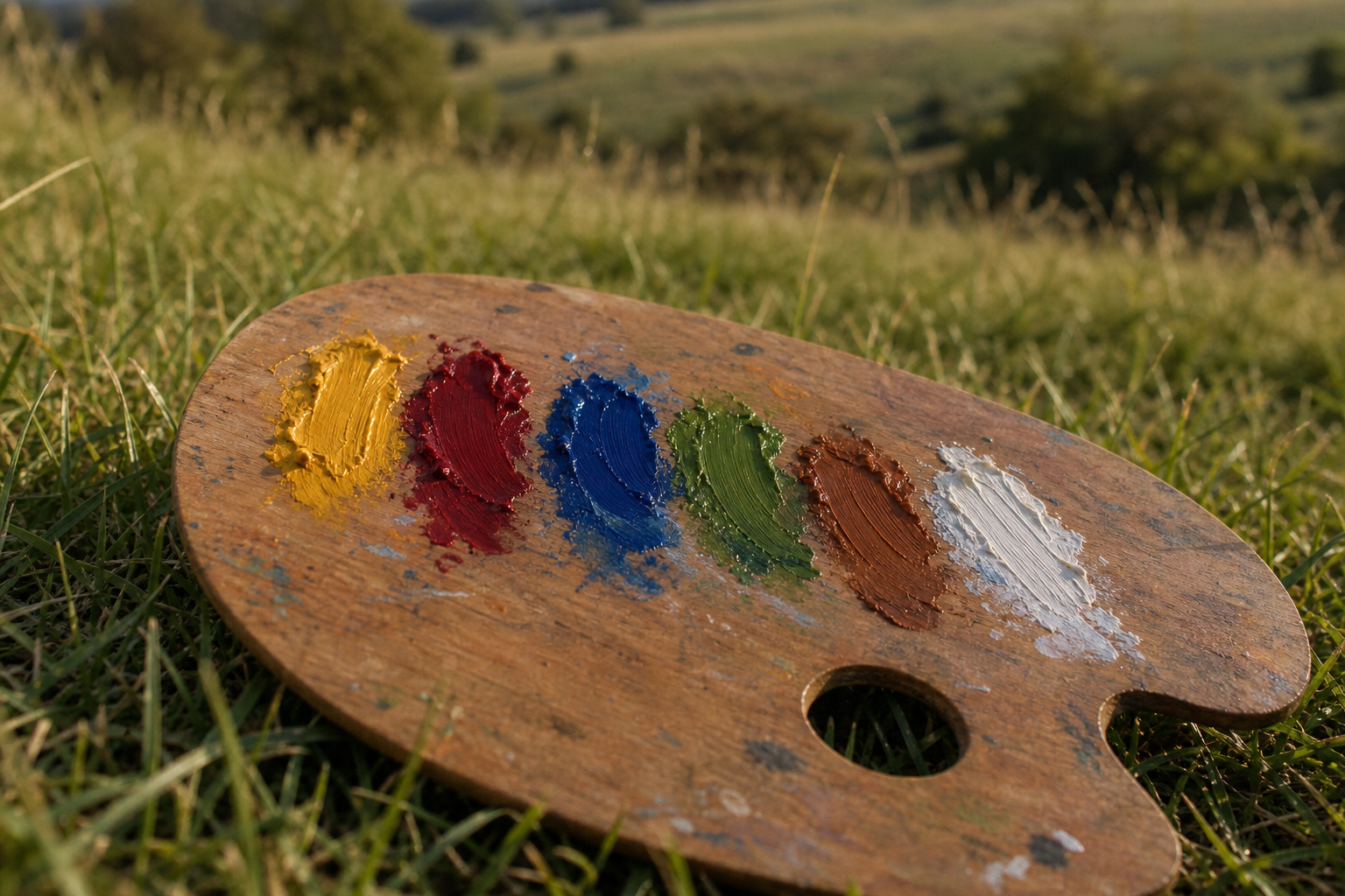 Six oil paint colour swatches arranged on a wooden palette outdoors on a grass surface