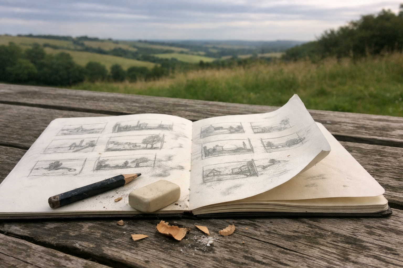 Open sketchbook with small pencil thumbnail sketches on a wooden surface outdoors