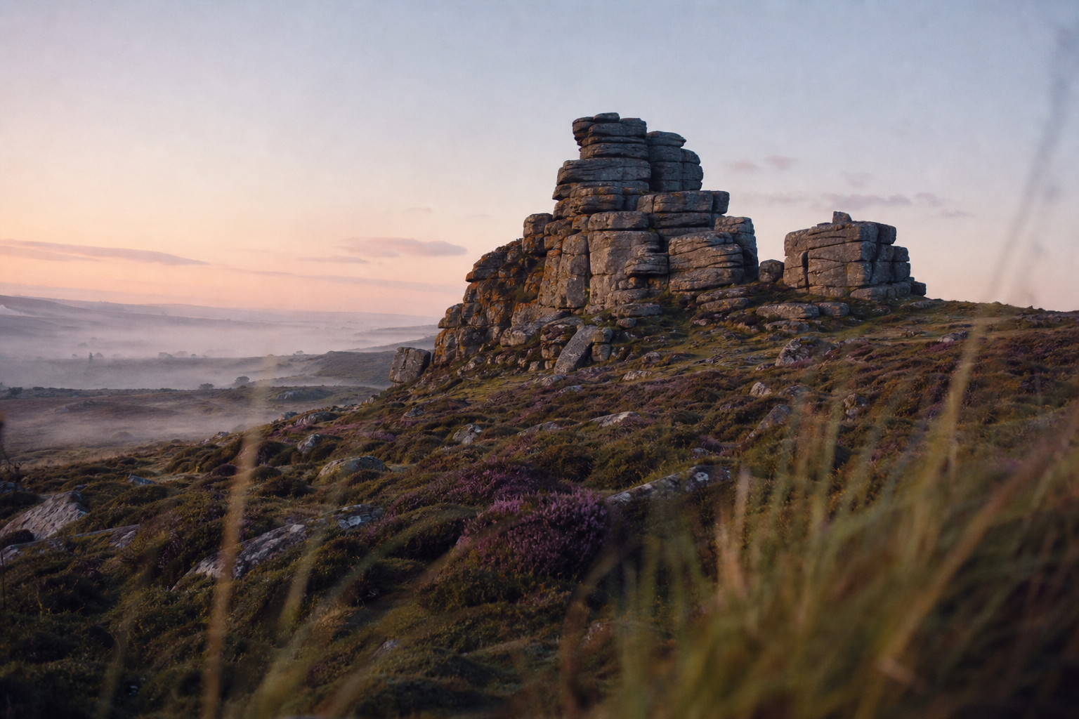 Granite tor rising above open moorland under a pale dawn sky