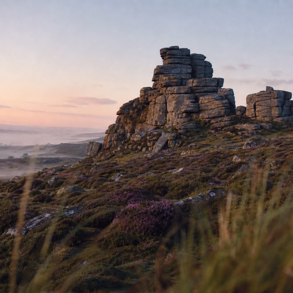 Granite tor rising above open moorland under a pale dawn sky