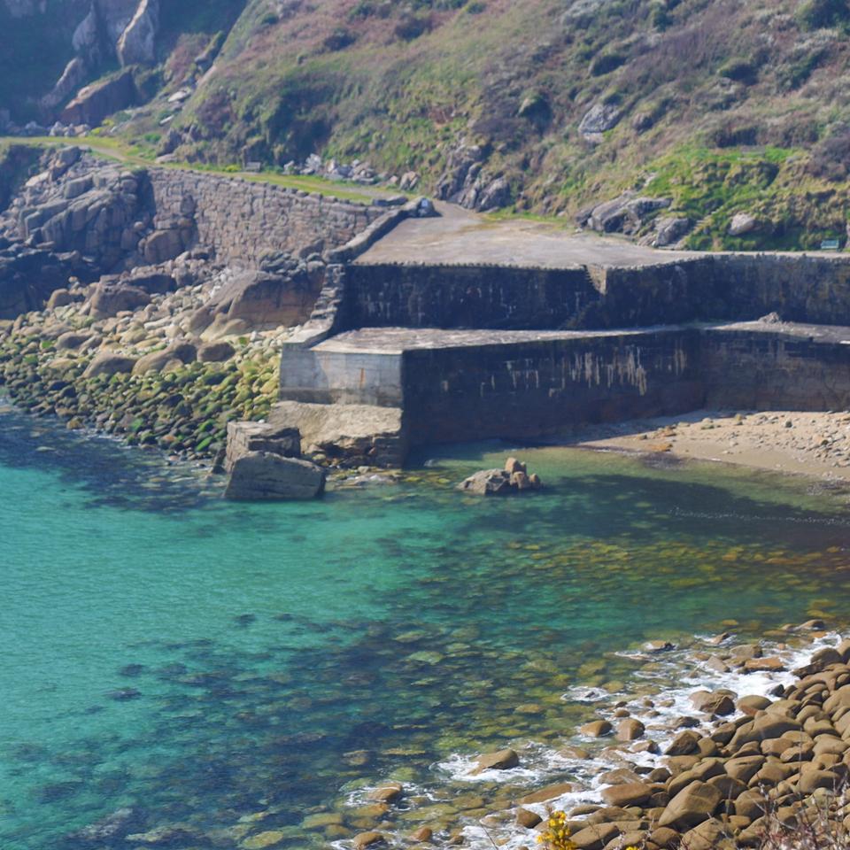 Rocky coastal cove and shoreline at Lamorna Cove, Cornwall
