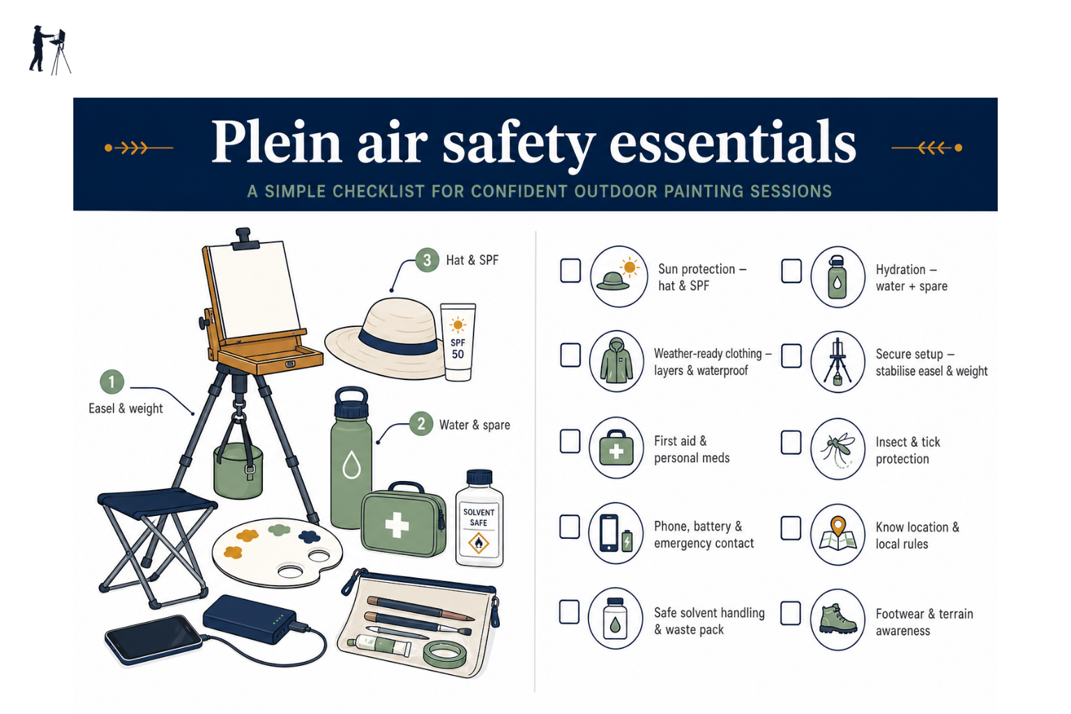 Illustrated checklist of plein air painting safety essentials for outdoor sessions