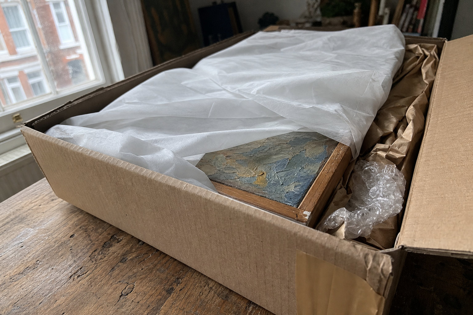 A framed oil painting wrapped in tissue paper inside a cardboard shipping box