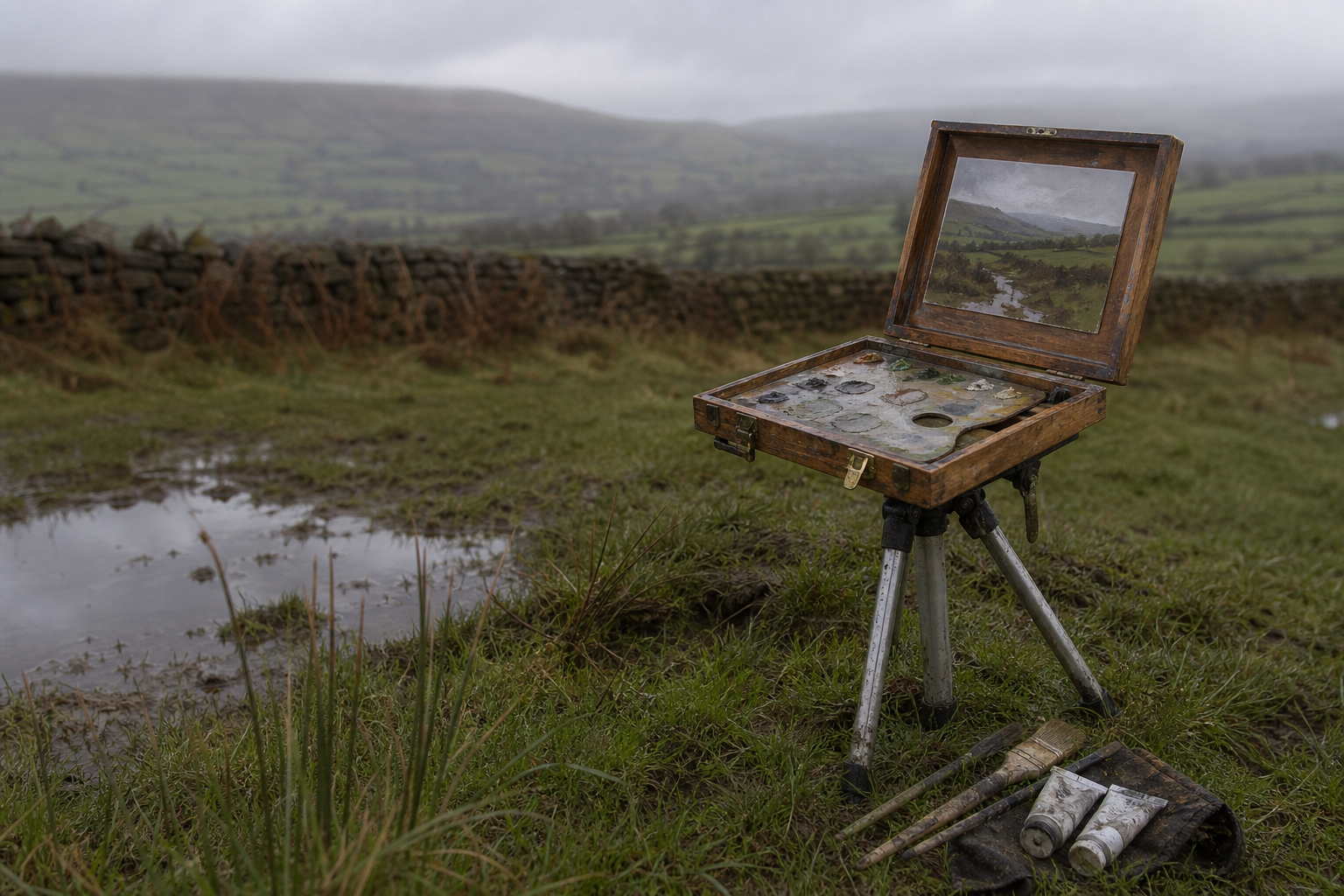Small wooden pochade box mounted on a lightweight tripod in an overcast British countryside setting