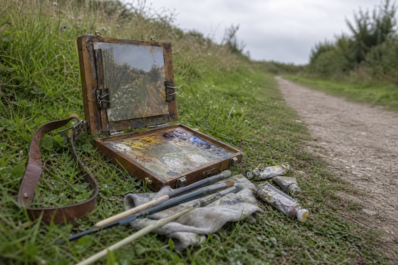 Open pochade box, brushes, and paint tubes arranged on grass beside a footpath
