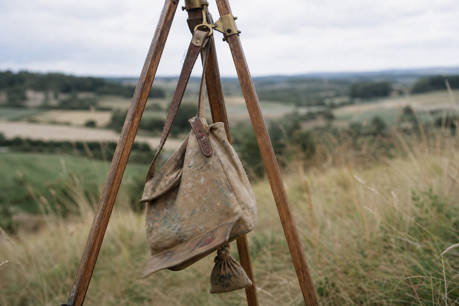 A canvas kit bag hanging from the central hook of a tripod easel outdoors.