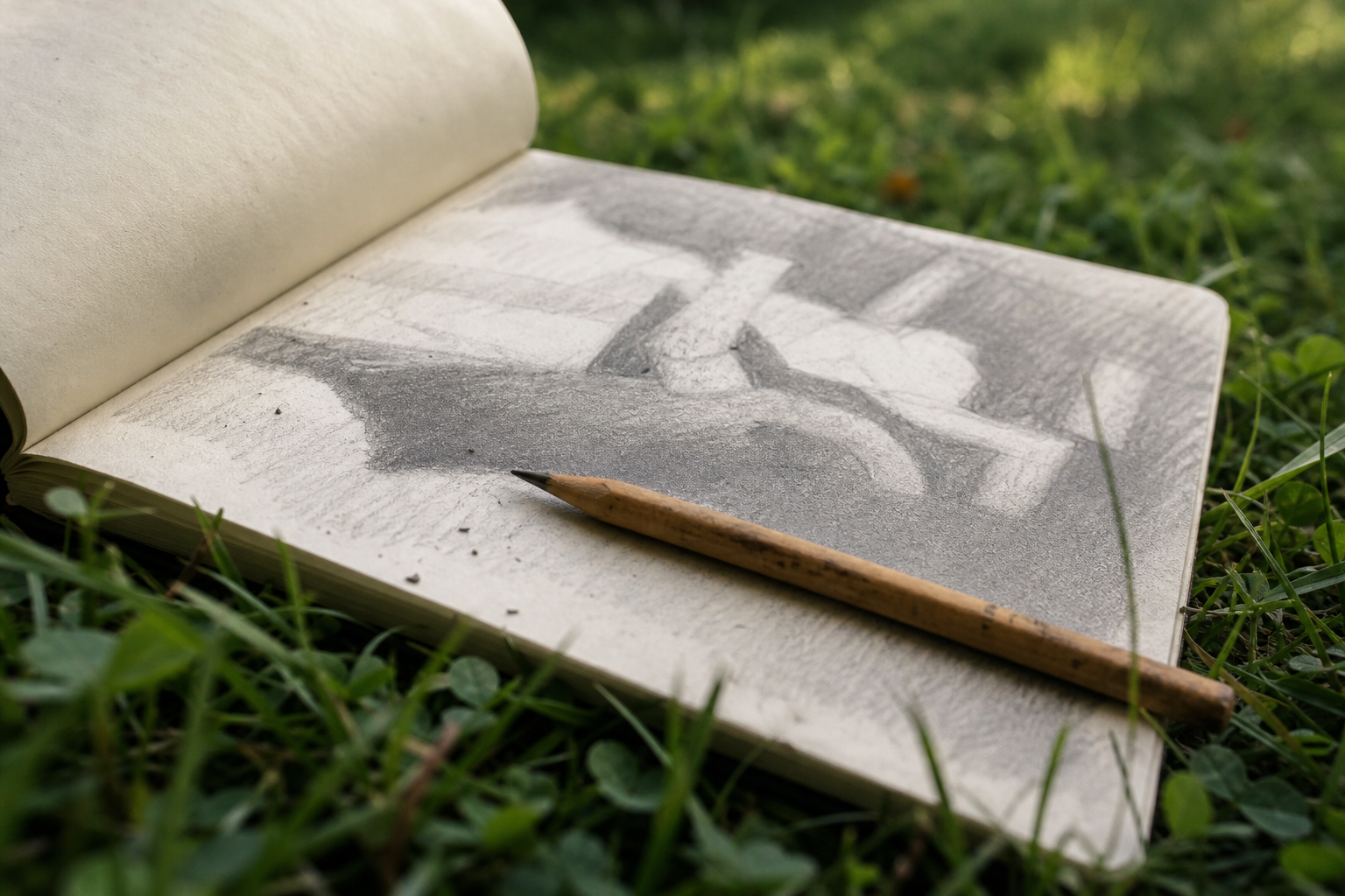 Close-up of a sketchbook open on grass with a pencil resting on a tonal sketch