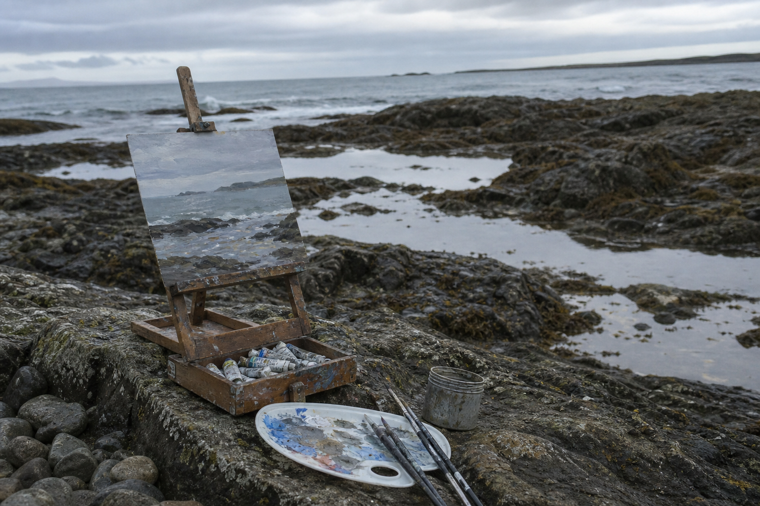 Overcast sky above a rocky British coastline with a small easel and paint kit