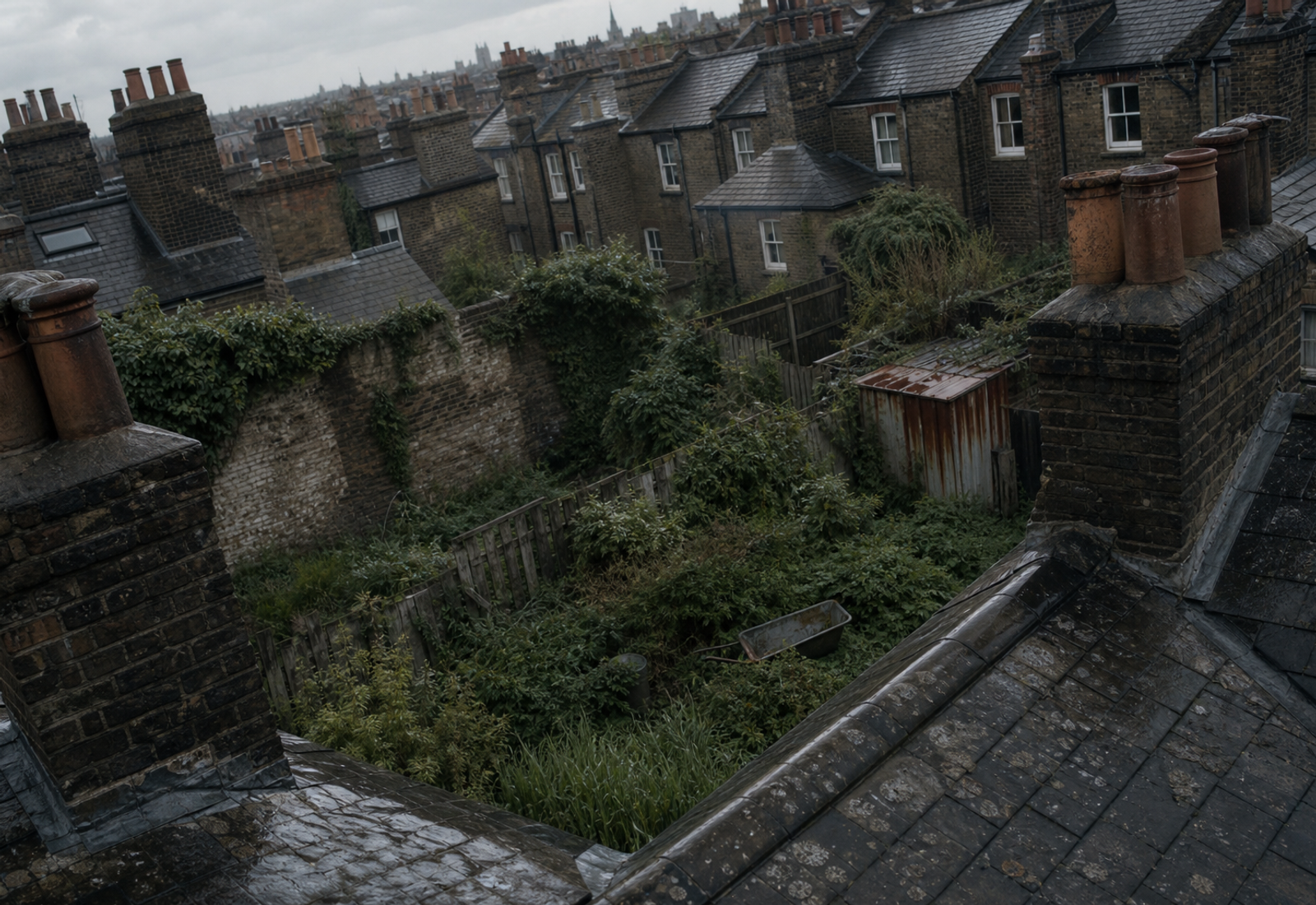Terrace rooftops and overgrown back gardens viewed from a raised angle in grey daylight.