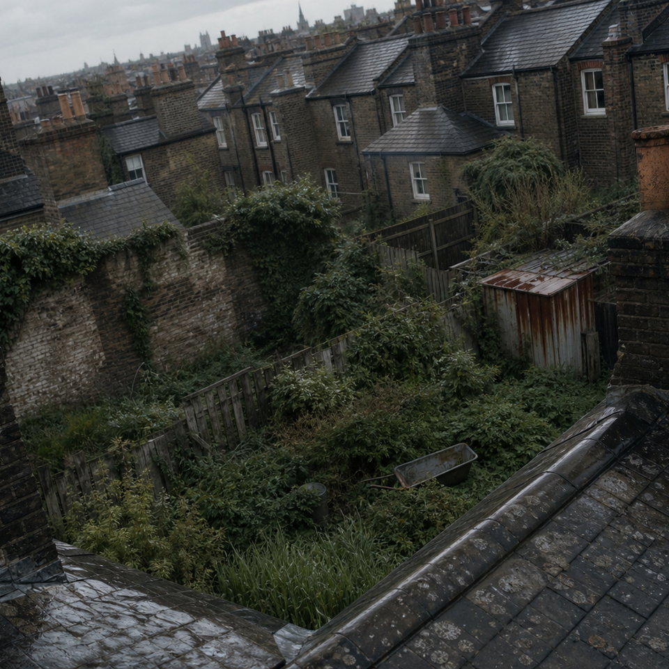 Terrace rooftops and overgrown back gardens viewed from a raised angle in grey daylight.