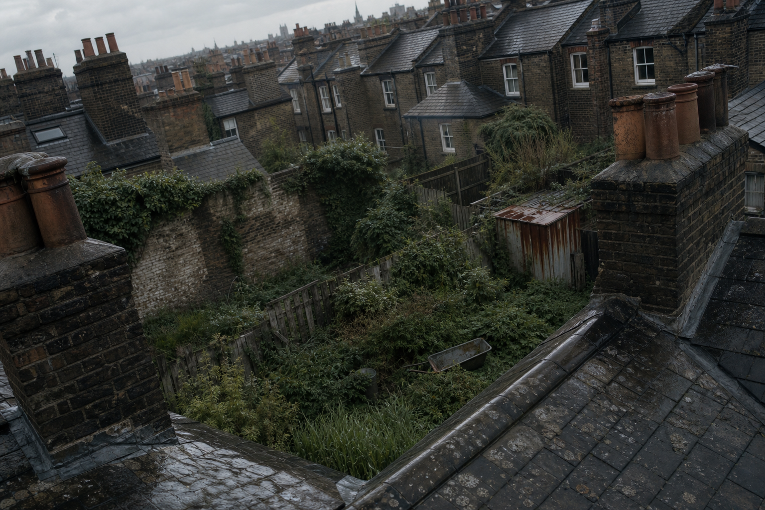Terrace rooftops and overgrown back gardens viewed from a raised angle in grey daylight.