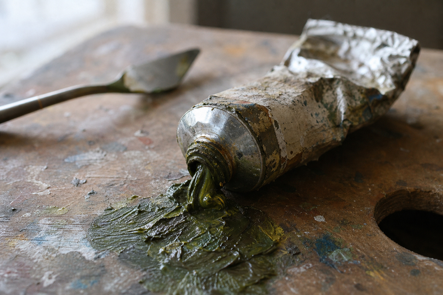 A single battered metal paint tube with oil paint squeezed onto a palette
