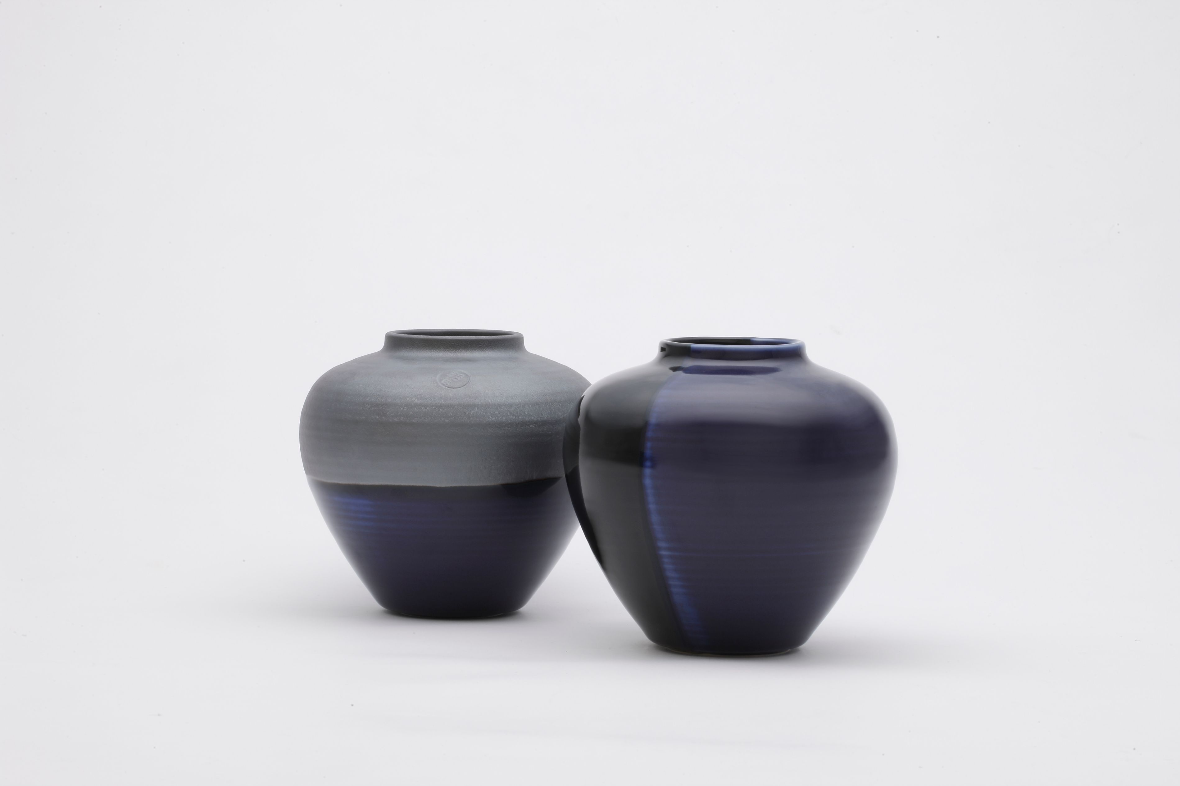 OEO Studio designed vases in blue grey vases crafted by Japanese Asahiyaki