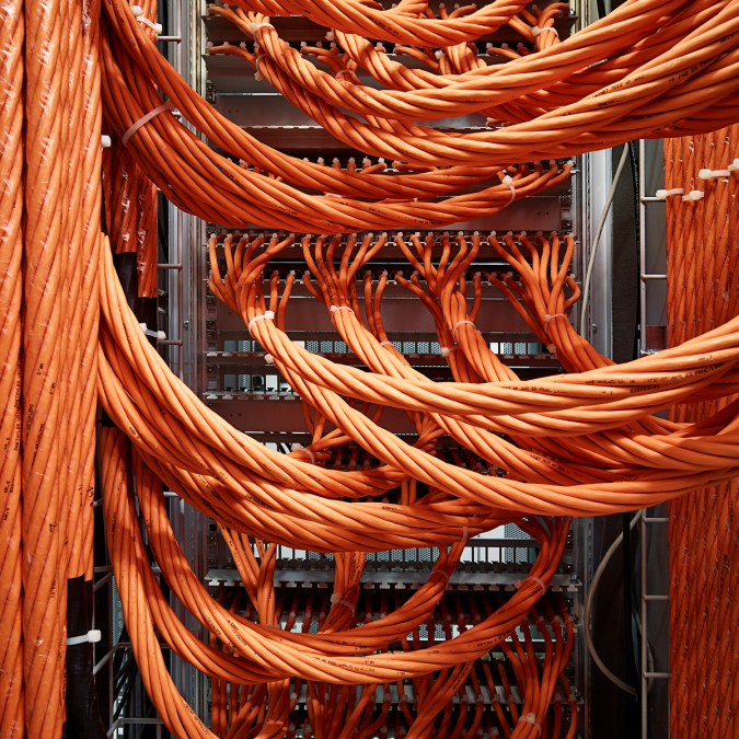 Dense bundles of orange network cabling