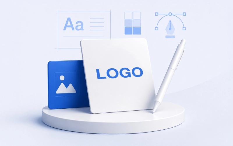 A white card reading LOGO on a display podium, surrounded by a typography specimen, a colour swatch grid, a pen-tool curve and an image tile