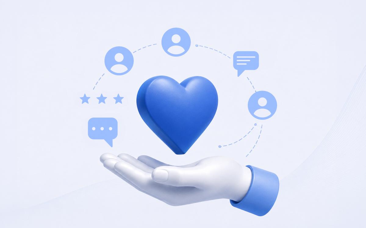 An open hand holding a blue heart, ringed by user avatars, star ratings and message bubbles connected by a dashed arc