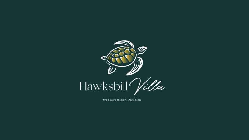 Hawksbill Villa logo, hawksbill turtle mark on deep green
