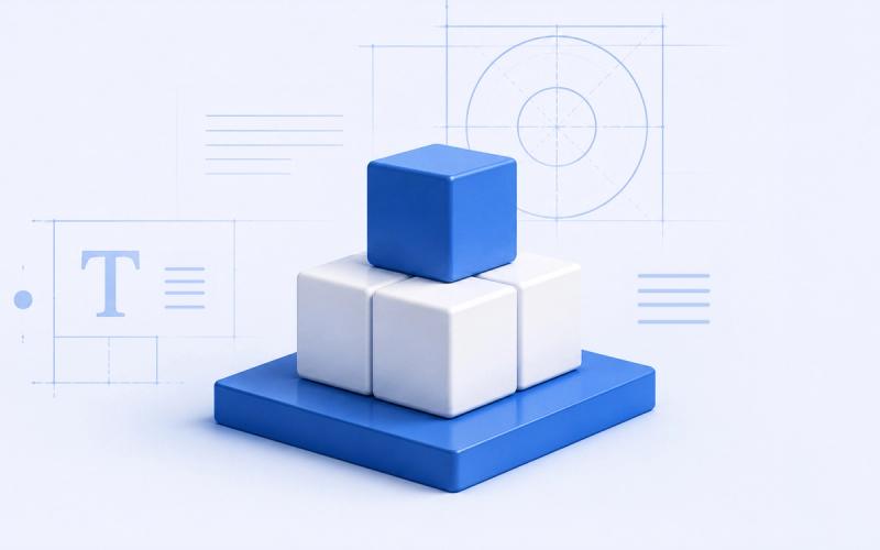 White cubes and one blue cube stacked into a pyramid on a blue base, set against blueprint construction lines