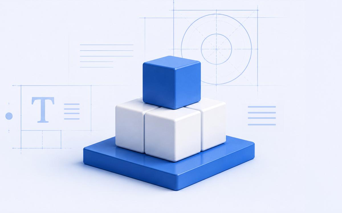 White cubes and one blue cube stacked into a pyramid on a blue base, set against blueprint construction lines