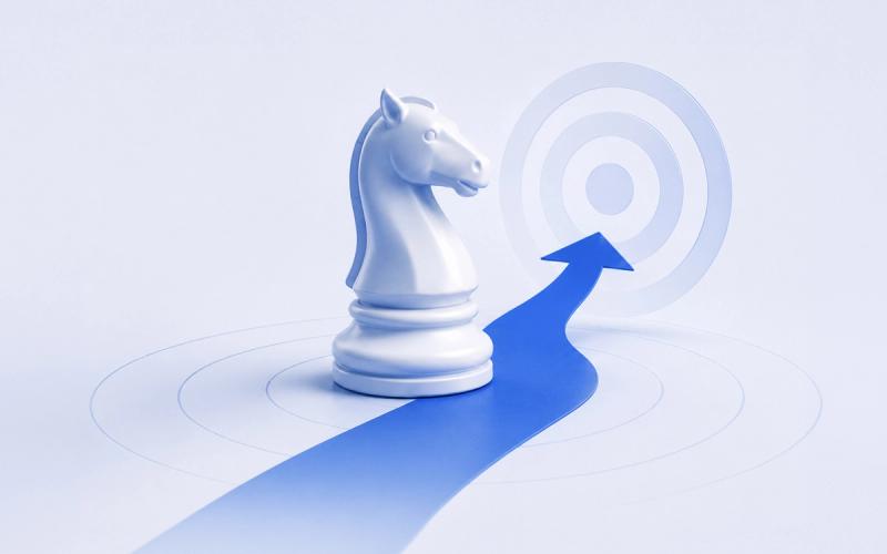 White chess knight standing on a blue path that curves into an arrow, pointing toward a bullseye target — 3D render symbolizing brand strategy and market positioning.