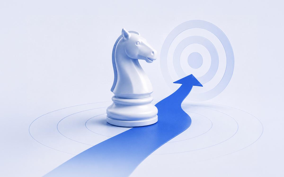 White chess knight standing on a blue path that curves into an arrow, pointing toward a bullseye target — 3D render symbolizing brand strategy and market positioning.