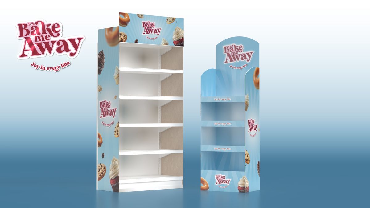 Bake me Away Gondola end and custom product shelf