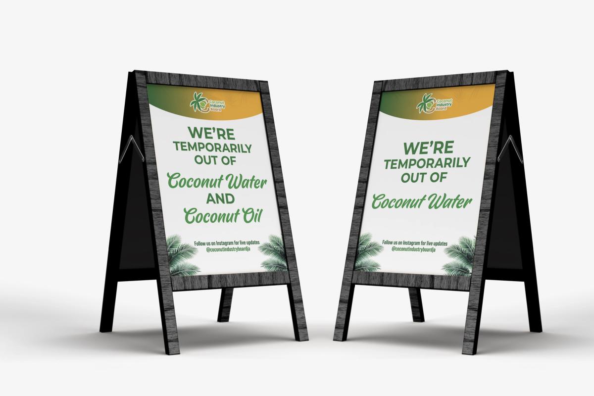 Coconut Industry Board A board branding showing temporarily out signage