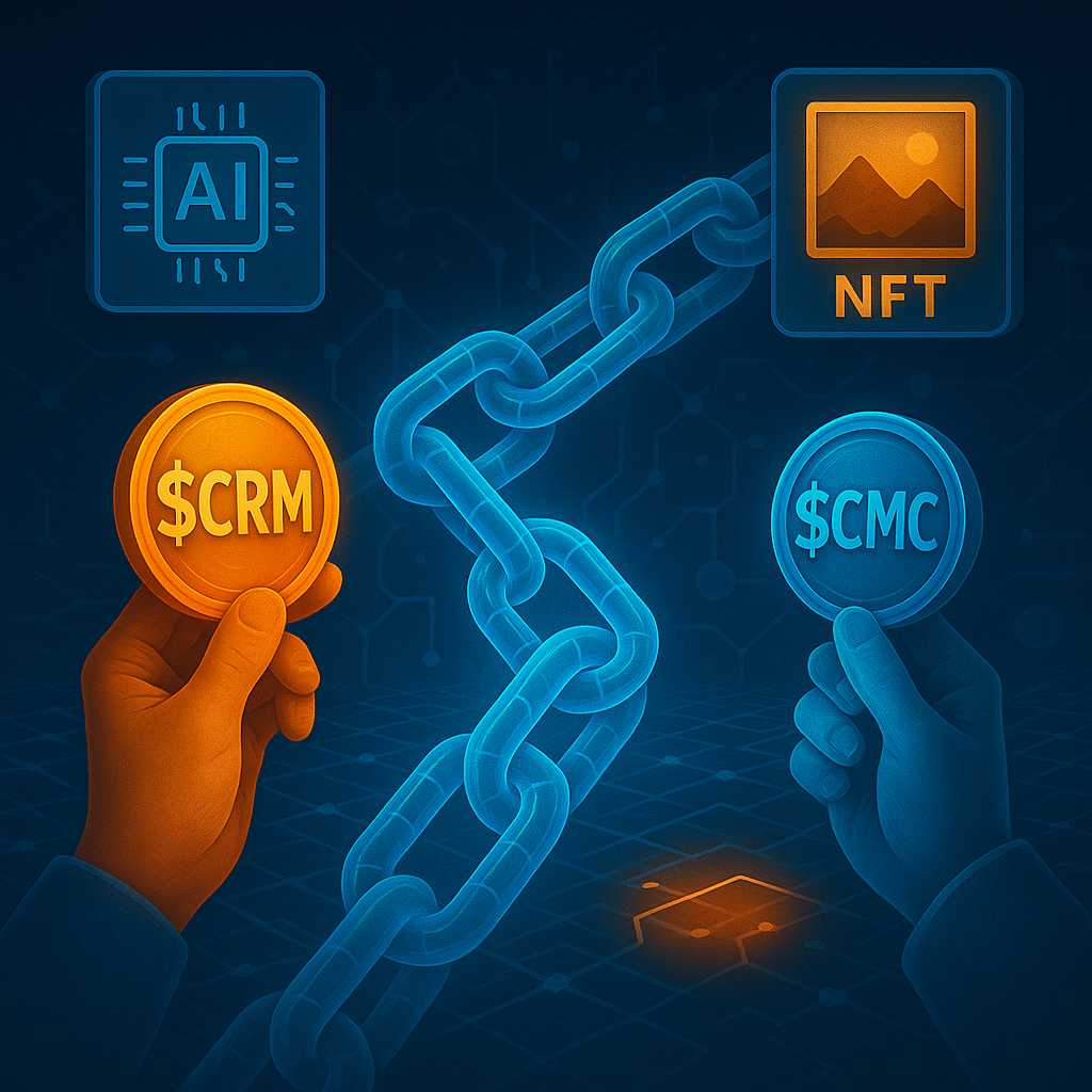 "Visual representation of decentralized blockchain powered by dual tokens $CRM and $CMC with AI integration and community-led governance."