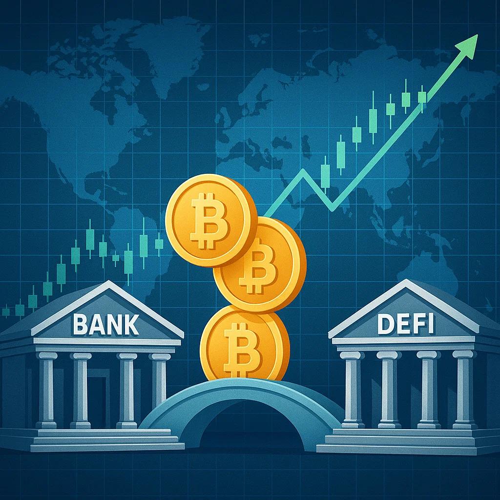 “Global financial market illustration connecting traditional banking with decentralized finance and tokenized assets.”
