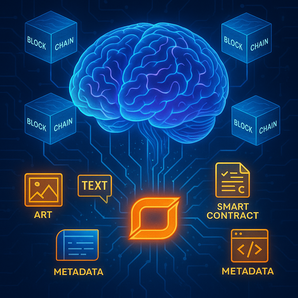 "Digital brain connected to CromaChain nodes storing art, identity, and data as internet memory."