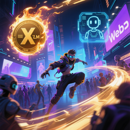 “Web3 trends: a gaming avatar, rising XLM token, AI agent symbol, and virtual convention environment—highlighting today’s ecosystem momentum.”