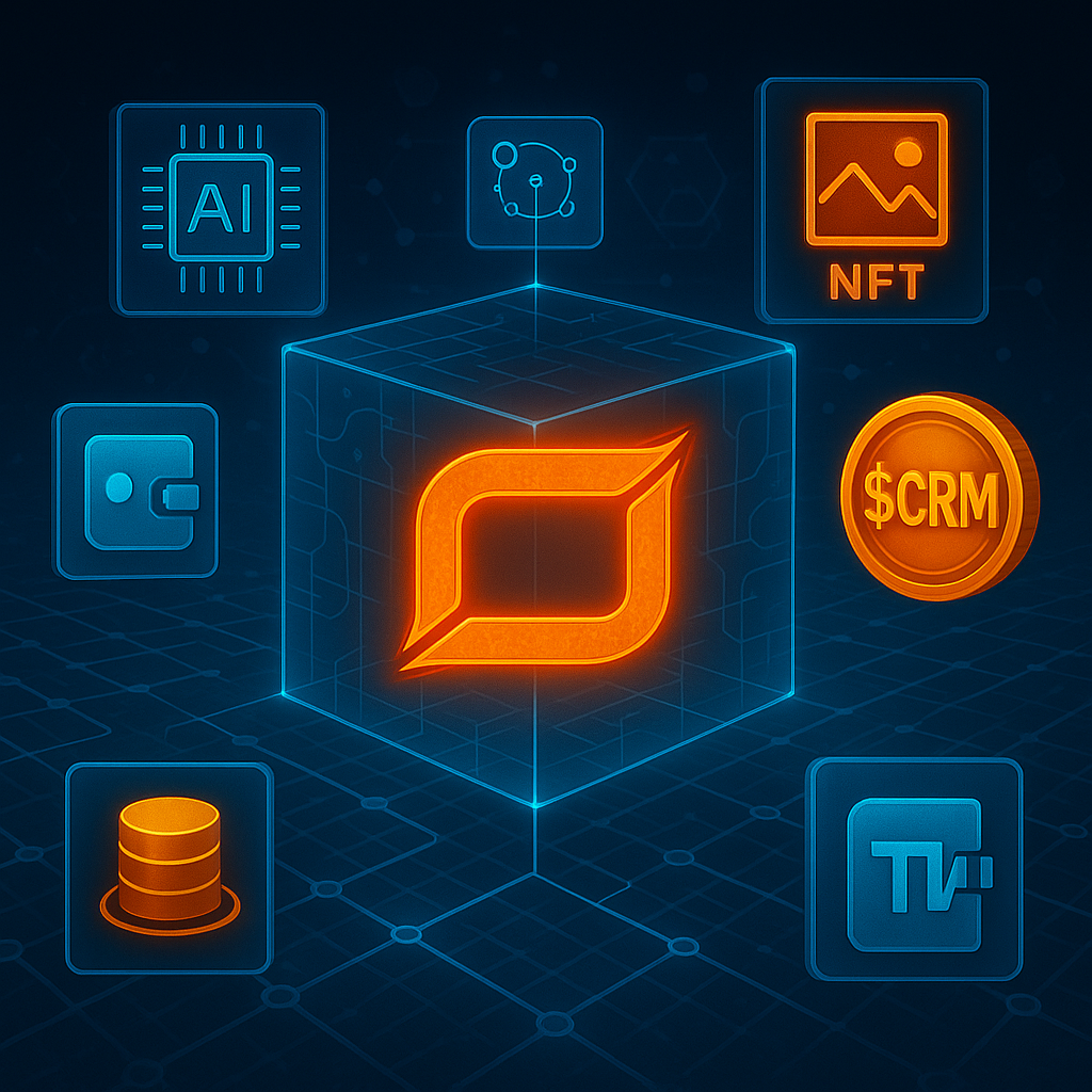 Illustration of CromaChain blockchain with integrated AI tools, $CRM and $CMC tokens, TrixWallet, and real-world NFTs.