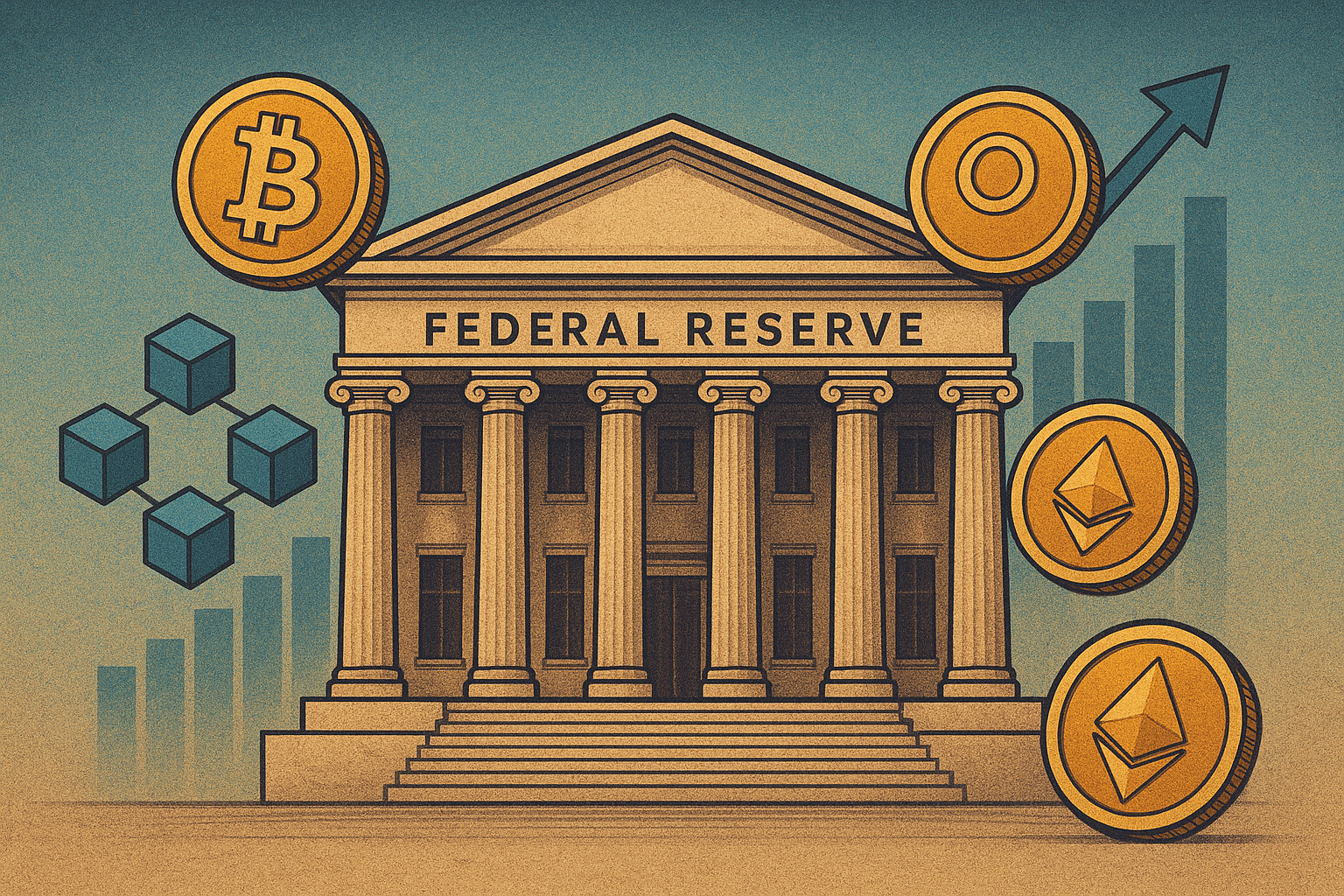 “U.S. economic policy influencing global crypto and Web3 markets with blockchain and digital asset symbols.”