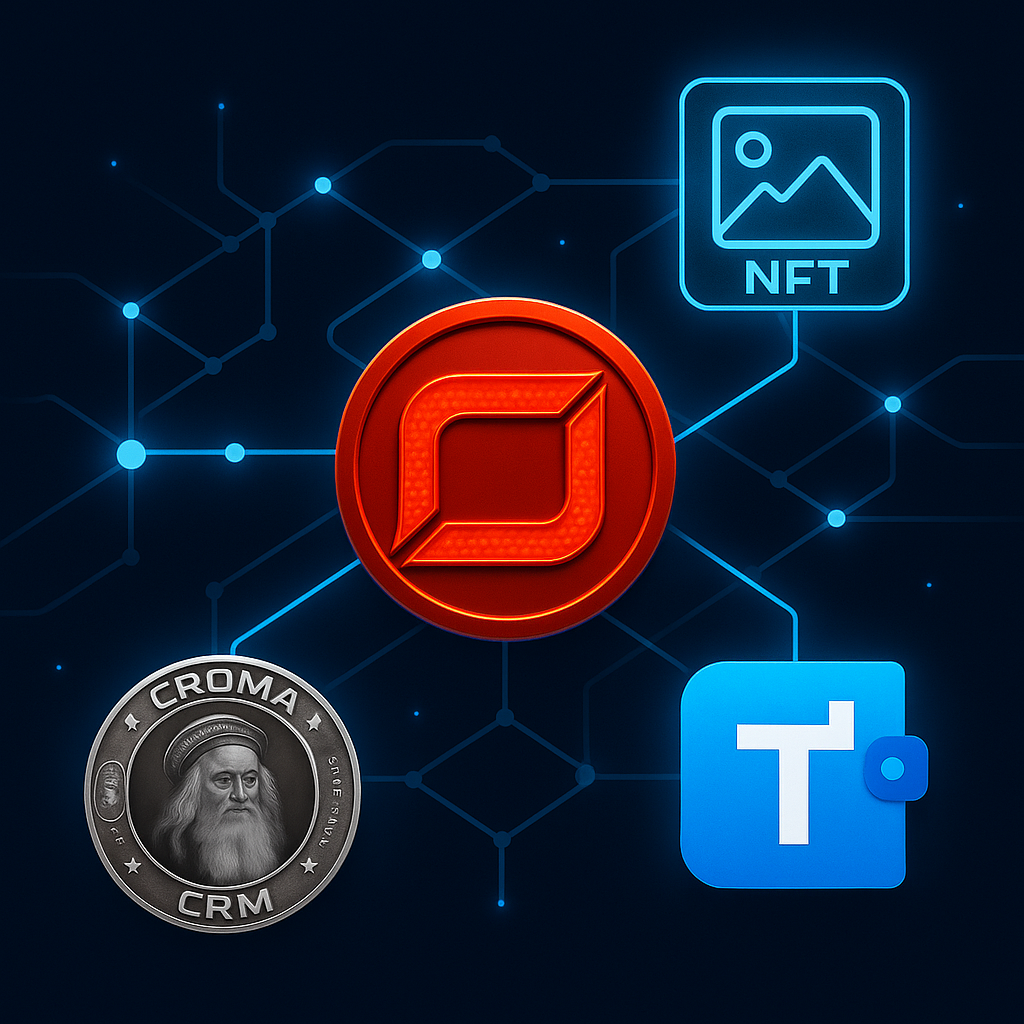“Croma Ecosystem showing CromaChain at the center with CromaArt, CRM Token, and TrixWallet connected as pillars of Web3 adoption.”
