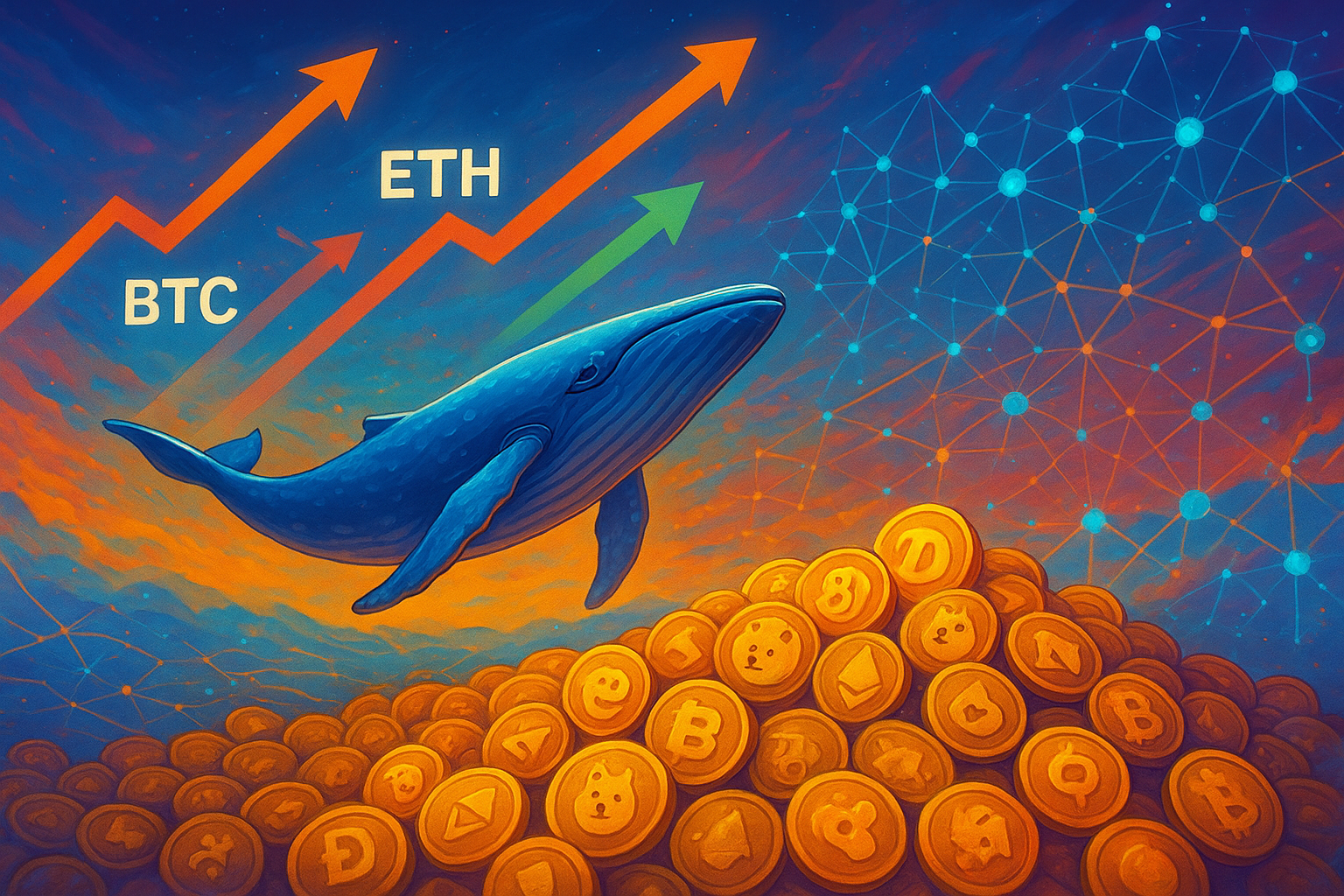 “Crypto summer scene with market charts climbing, whales investing in meme coins, and AI visual overlays representing Web3 innovation.”