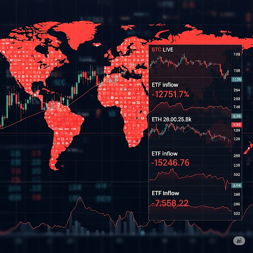 "Crypto market decline, Bitcoin and Ethereum charts trending down, ETF inflows highlighted."
