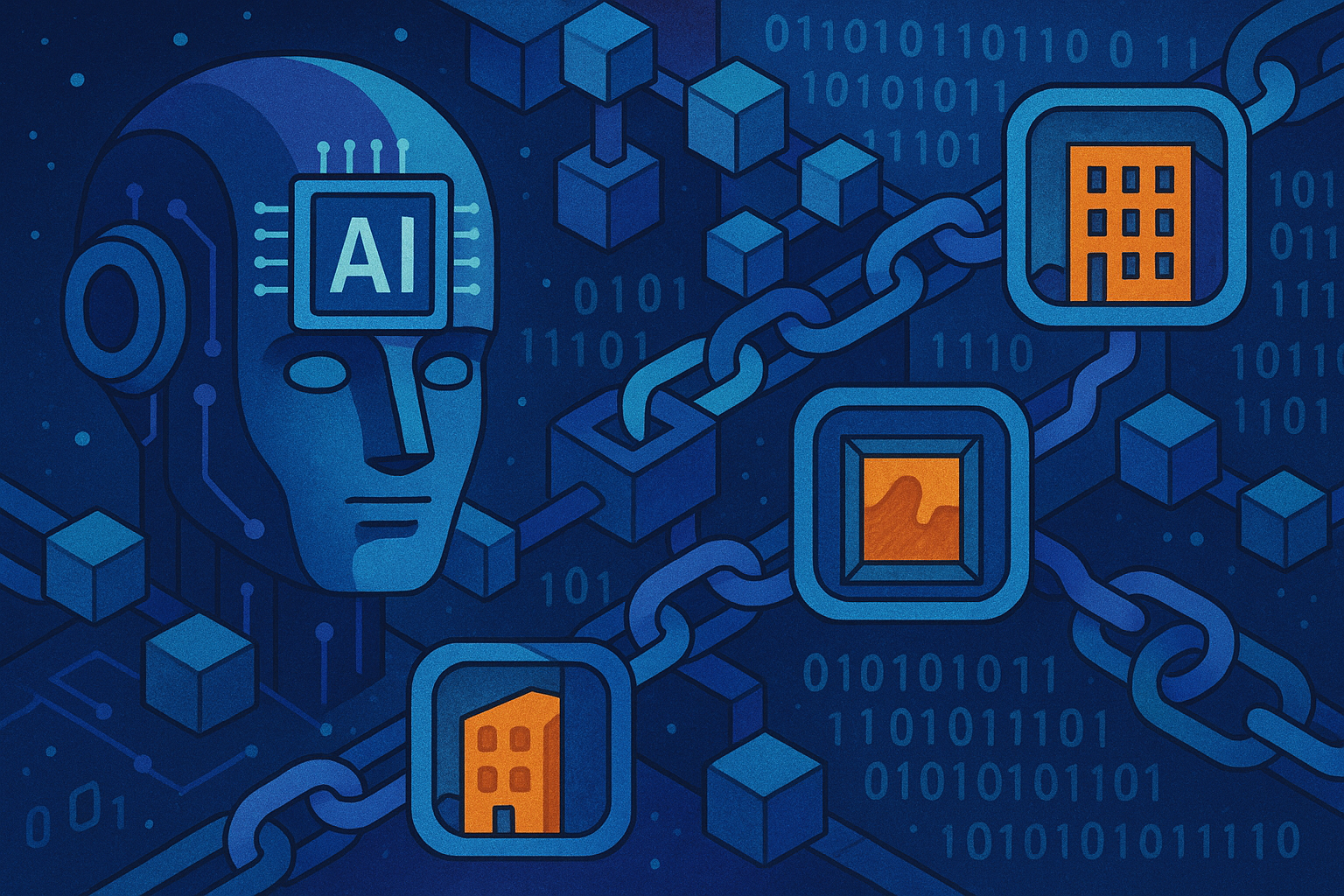 “AI neural icon, modular blockchain nodes, and tokenized real-world asset symbols interconnected, representing Web3 innovation.”