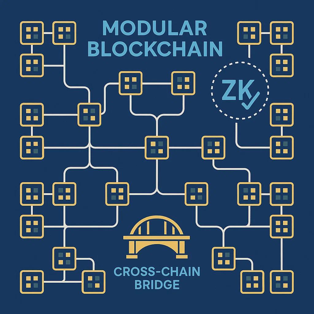 “Modular blockchain infrastructure with zero-knowledge proofs and cross-chain interoperability visual.”